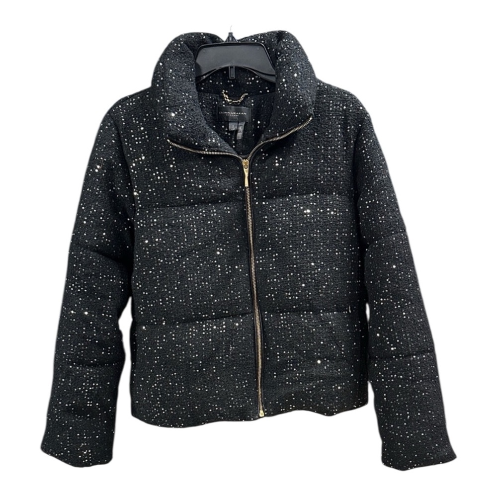 NWT Donna Karan Black Sequin Puffer Jacket With Gold Zipper Sz M
